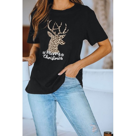 Black Christmas Leopard Elk Letter Tee Black Christmas Leopard Elk Letter Tee