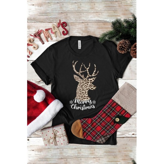 Black Christmas Leopard Elk Letter Tee Black Christmas Leopard Elk Letter Tee