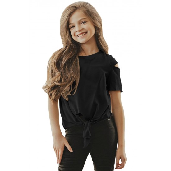 Black Cut Out Shoulder Tie Front Tee Black Cut Out Shoulder Tie Front Tee