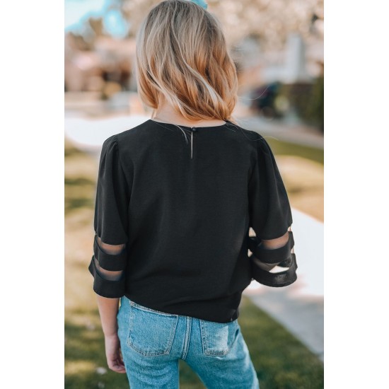 Black Girl's 3/4 Bell Sleeve Mesh Panel Blouse Black Girl's 3/4 Bell Sleeve Mesh Panel Blouse