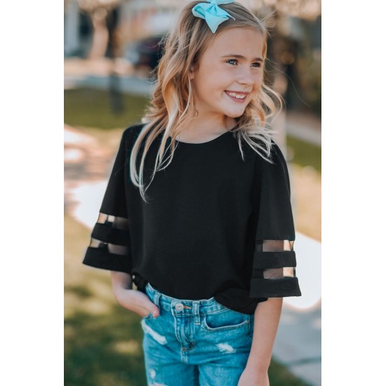Black Girl's 3/4 Bell Sleeve Mesh Panel Blouse Black Girl's 3/4 Bell Sleeve Mesh Panel Blouse