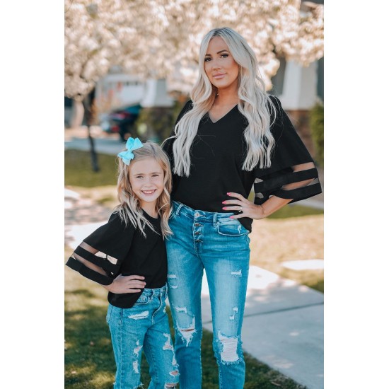 Black Girl's 3/4 Bell Sleeve Mesh Panel Blouse Black Girl's 3/4 Bell Sleeve Mesh Panel Blouse