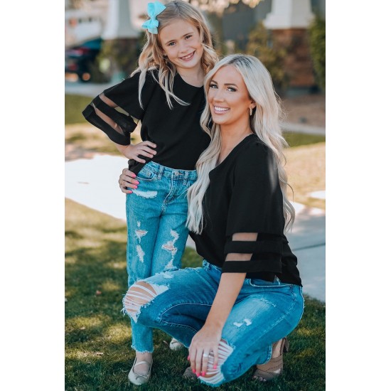Black Girl's 3/4 Bell Sleeve Mesh Panel Blouse Black Girl's 3/4 Bell Sleeve Mesh Panel Blouse