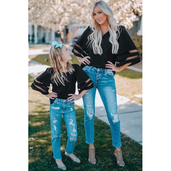 Black Girl's 3/4 Bell Sleeve Mesh Panel Blouse Black Girl's 3/4 Bell Sleeve Mesh Panel Blouse