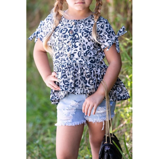 Leopard Tied Sleeves Ruffled Hem Little Girl Top Leopard Tied Sleeves Ruffled Hem Little Girl Top