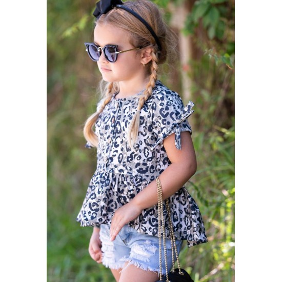 Leopard Tied Sleeves Ruffled Hem Little Girl Top Leopard Tied Sleeves Ruffled Hem Little Girl Top