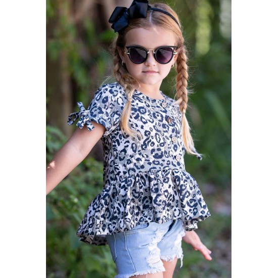 Leopard Tied Sleeves Ruffled Hem Little Girl Top Leopard Tied Sleeves Ruffled Hem Little Girl Top