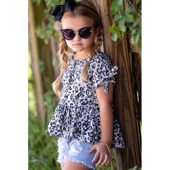 Leopard Tied Sleeves Ruffled Hem Little Girl Top Leopard Tied Sleeves Ruffled Hem Little Girl Top
