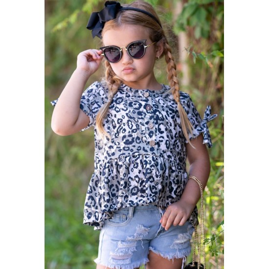 Leopard Tied Sleeves Ruffled Hem Little Girl Top Leopard Tied Sleeves Ruffled Hem Little Girl Top
