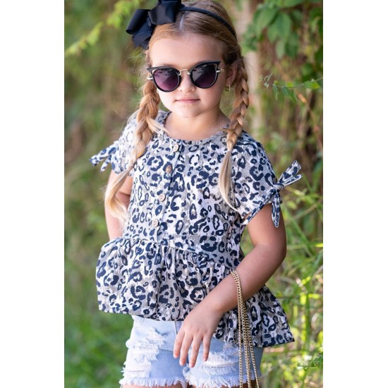 Leopard Tied Sleeves Ruffled Hem Little Girl Top Leopard Tied Sleeves Ruffled Hem Little Girl Top