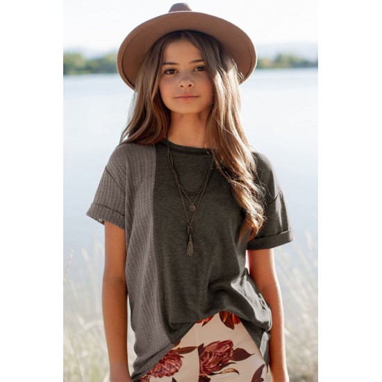 Gray Girls Mix Waffle Textured Short Sleeve Top Gray Girls Mix Waffle Textured Short Sleeve Top