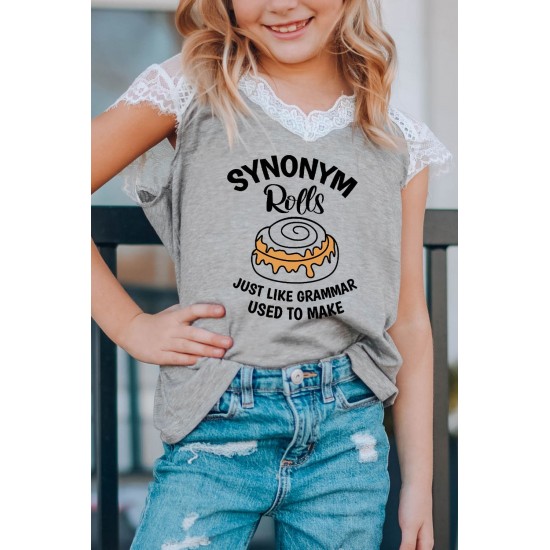 Gray Synonym Rolls Funny Graphic Lace Spliced Girls Top Gray Synonym Rolls Funny Graphic Lace Spliced Girls Top