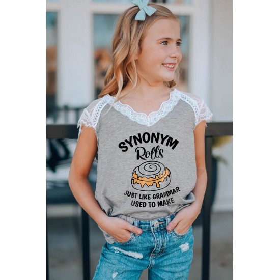 Gray Synonym Rolls Funny Graphic Lace Spliced Girls Top Gray Synonym Rolls Funny Graphic Lace Spliced Girls Top