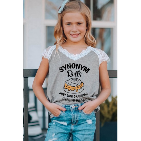 Gray Synonym Rolls Funny Graphic Lace Spliced Girls Top Gray Synonym Rolls Funny Graphic Lace Spliced Girls Top