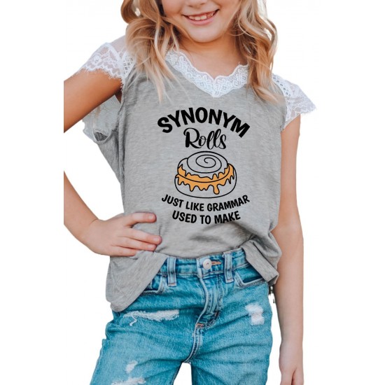 Gray Synonym Rolls Funny Graphic Lace Spliced Girls Top Gray Synonym Rolls Funny Graphic Lace Spliced Girls Top