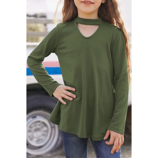 Green Choker Hollow-out Front Little Girl Kids' Long Sleeves Top Green Choker Hollow-out Front Little Girl Kids' Long Sleeves Top
