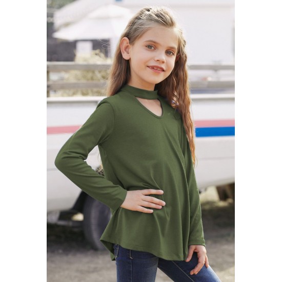 Green Choker Hollow-out Front Little Girl Kids' Long Sleeves Top Green Choker Hollow-out Front Little Girl Kids' Long Sleeves Top