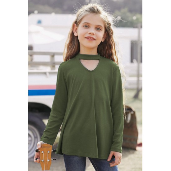 Green Choker Hollow-out Front Little Girl Kids' Long Sleeves Top Green Choker Hollow-out Front Little Girl Kids' Long Sleeves Top