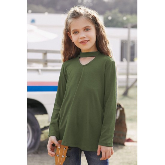 Green Choker Hollow-out Front Little Girl Kids' Long Sleeves Top Green Choker Hollow-out Front Little Girl Kids' Long Sleeves Top