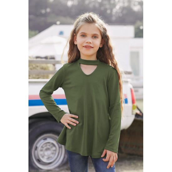 Green Choker Hollow-out Front Little Girl Kids' Long Sleeves Top Green Choker Hollow-out Front Little Girl Kids' Long Sleeves Top
