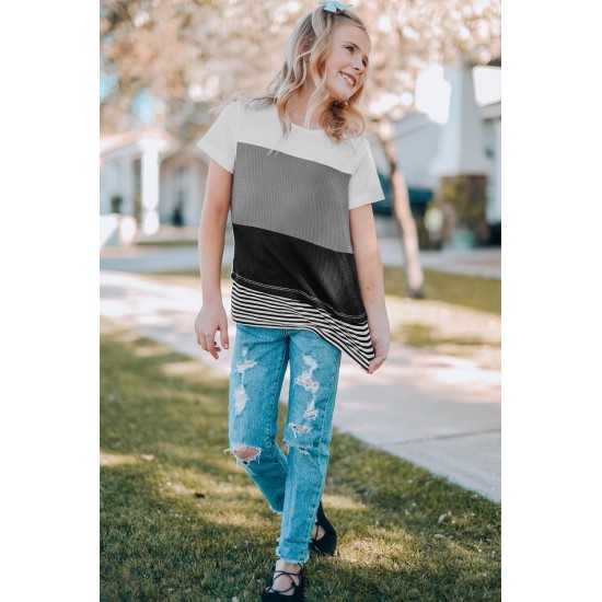 Gray Parent-child Colorblock Striped Girls' T-shirt Gray Parent-child Colorblock Striped Girls' T-shirt