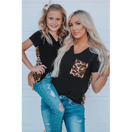 Black V Neck Leopard Splicing Kid Tee Black V Neck Leopard Splicing Kid Tee
