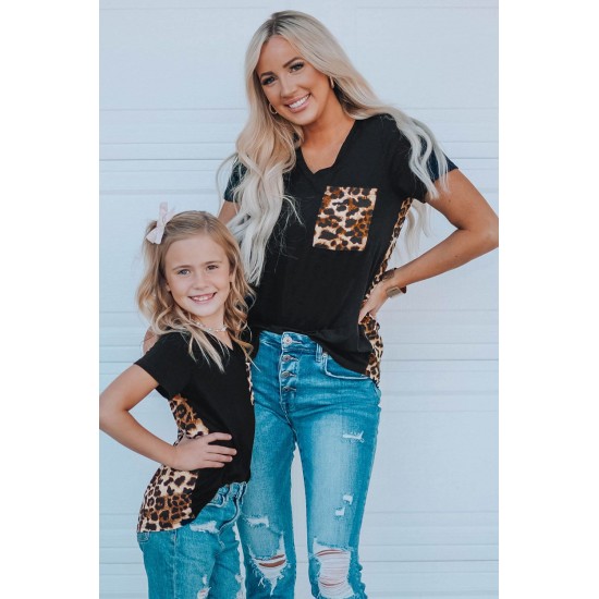 Black V Neck Leopard Splicing Kid Tee Black V Neck Leopard Splicing Kid Tee