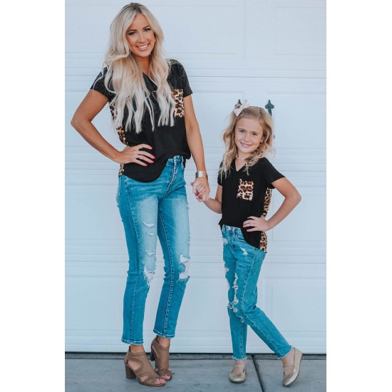 Black V Neck Leopard Splicing Kid Tee Black V Neck Leopard Splicing Kid Tee