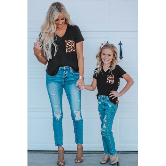 Black V Neck Leopard Splicing Kid Tee Black V Neck Leopard Splicing Kid Tee