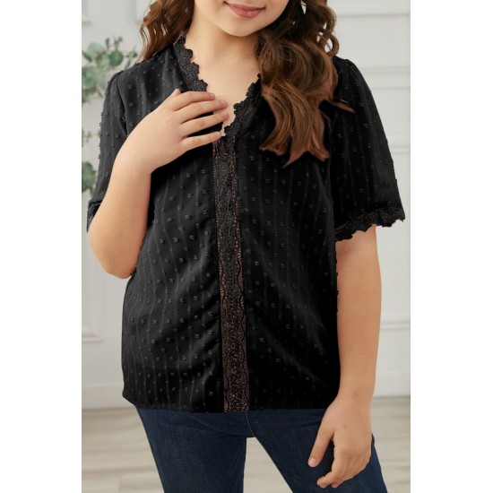 Black Swiss Dot Lace Short Sleeve Girls Top Black Swiss Dot Lace Short Sleeve Girls Top