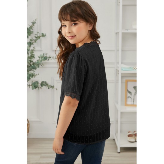 Black Swiss Dot Lace Short Sleeve Girls Top Black Swiss Dot Lace Short Sleeve Girls Top