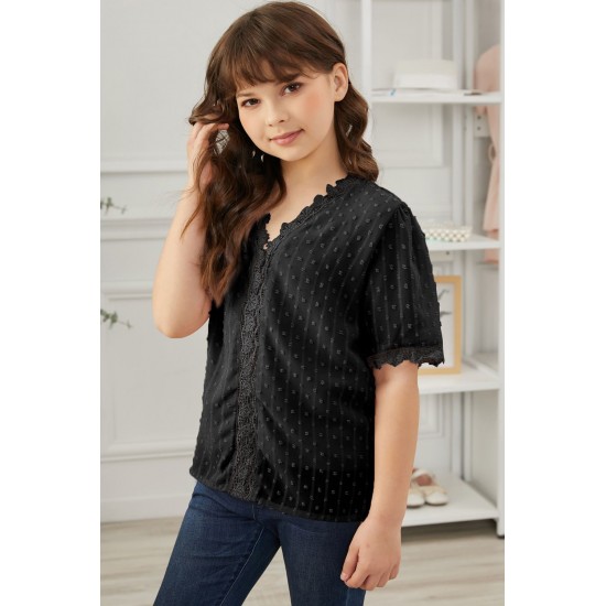 Black Swiss Dot Lace Short Sleeve Girls Top Black Swiss Dot Lace Short Sleeve Girls Top