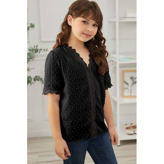Black Swiss Dot Lace Short Sleeve Girls Top Black Swiss Dot Lace Short Sleeve Girls Top