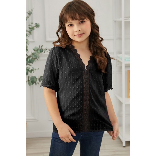 Black Swiss Dot Lace Short Sleeve Girls Top Black Swiss Dot Lace Short Sleeve Girls Top