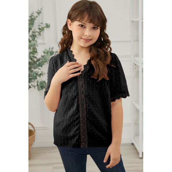 Black Swiss Dot Lace Short Sleeve Girls Top Black Swiss Dot Lace Short Sleeve Girls Top