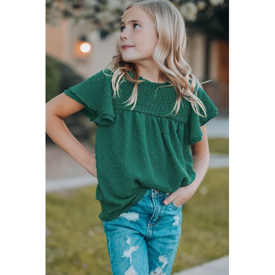 Green Little Girl Swiss Dot Ruffle Sleeves Top Green Little Girl Swiss Dot Ruffle Sleeves Top