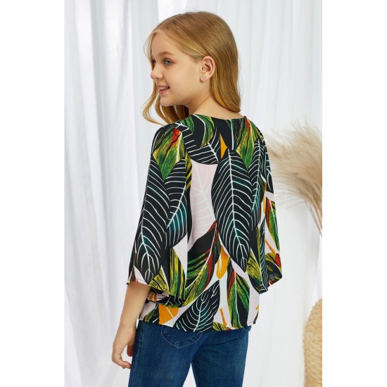 Tropical Leaf V Neck Ruffled Sleeve Buttons Girl's Blouse Tropical Leaf V Neck Ruffled Sleeve Buttons Girl's Blouse