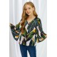 Tropical Leaf V Neck Ruffled Sleeve Buttons Girl's Blouse Tropical Leaf V Neck Ruffled Sleeve Buttons Girl's Blouse