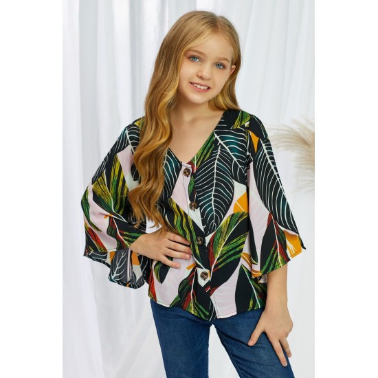 Tropical Leaf V Neck Ruffled Sleeve Buttons Girl's Blouse Tropical Leaf V Neck Ruffled Sleeve Buttons Girl's Blouse
