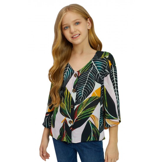 Tropical Leaf V Neck Ruffled Sleeve Buttons Girl's Blouse Tropical Leaf V Neck Ruffled Sleeve Buttons Girl's Blouse