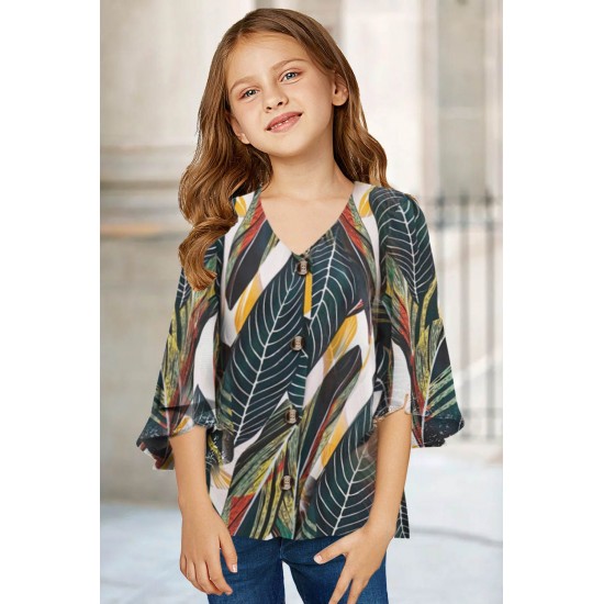 Tropical Leaf V Neck Ruffled Sleeve Buttons Girl's Blouse Tropical Leaf V Neck Ruffled Sleeve Buttons Girl's Blouse