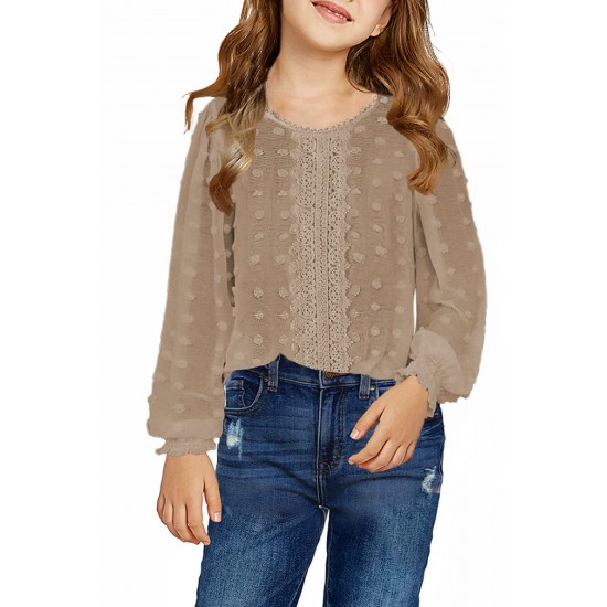Swiss Dot Lace Splicing Long Sleeve Girl's Blouse Swiss Dot Lace Splicing Long Sleeve Girl's Blouse