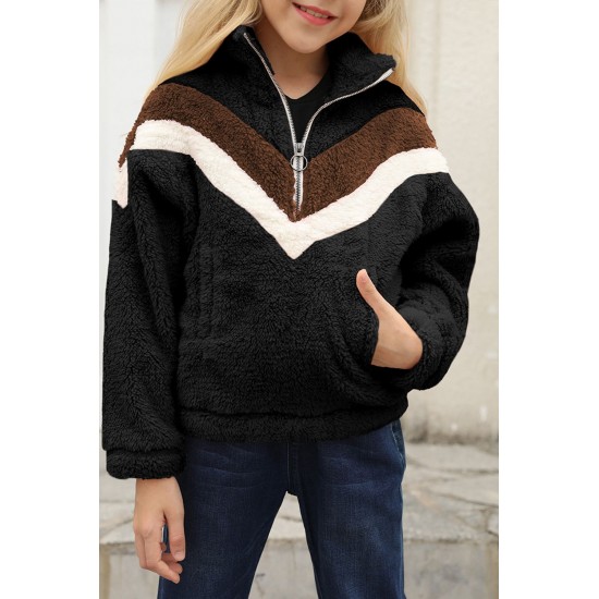 Black Stripe Color Block Half Zip Girl Fleece Sweatshirt with Pocket Black Stripe Color Block Half Zip Girl Fleece Sweatshirt with Pocket