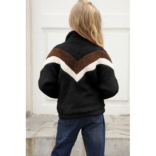 Black Stripe Color Block Half Zip Girl Fleece Sweatshirt with Pocket Black Stripe Color Block Half Zip Girl Fleece Sweatshirt with Pocket