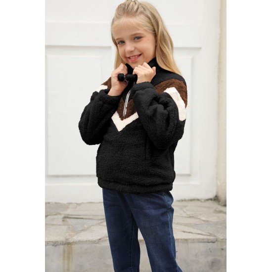 Black Stripe Color Block Half Zip Girl Fleece Sweatshirt with Pocket Black Stripe Color Block Half Zip Girl Fleece Sweatshirt with Pocket