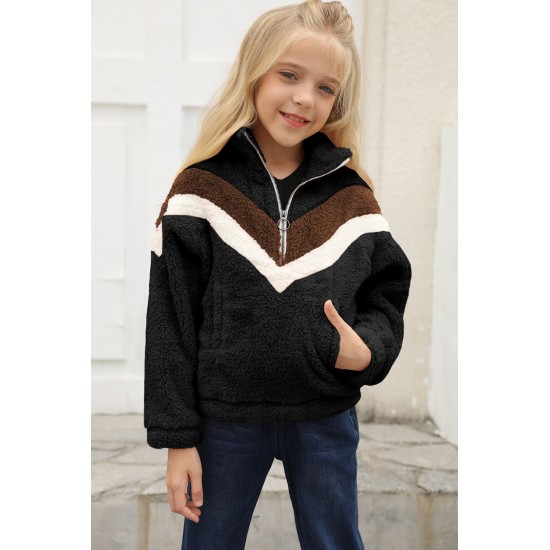 Black Stripe Color Block Half Zip Girl Fleece Sweatshirt with Pocket Black Stripe Color Block Half Zip Girl Fleece Sweatshirt with Pocket
