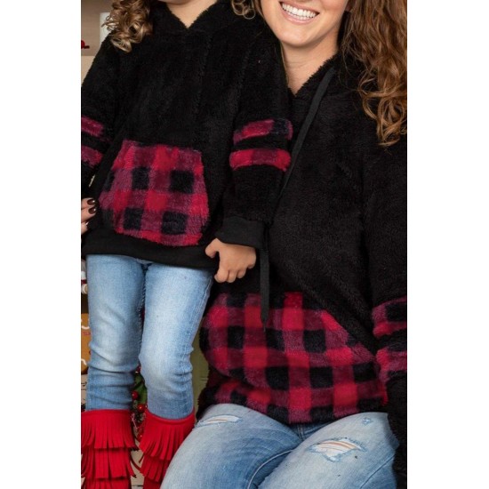 Little Girl Sherpa Plaid Pocket Hoodie Little Girl Sherpa Plaid Pocket Hoodie