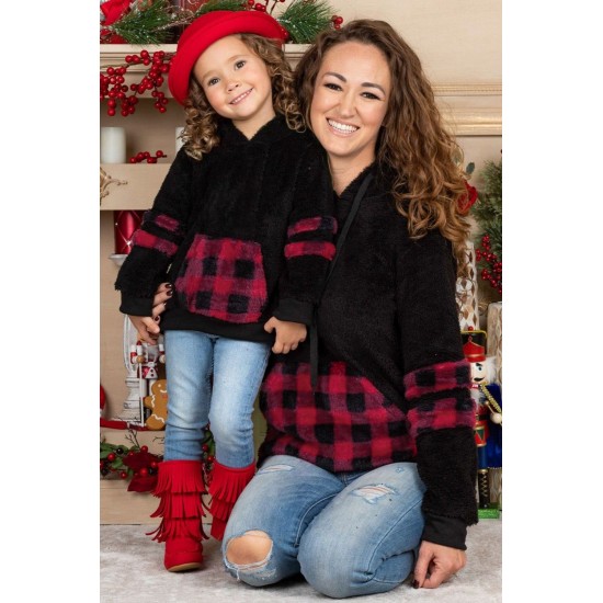 Little Girl Sherpa Plaid Pocket Hoodie Little Girl Sherpa Plaid Pocket Hoodie