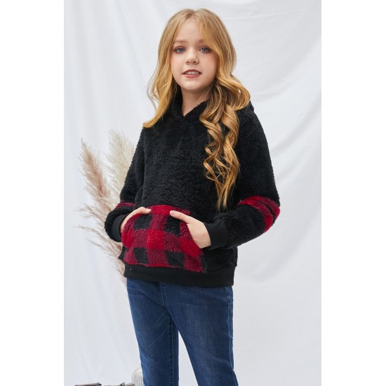 Little Girl Sherpa Plaid Pocket Hoodie Little Girl Sherpa Plaid Pocket Hoodie
