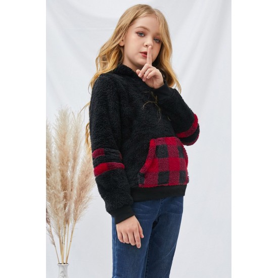 Little Girl Sherpa Plaid Pocket Hoodie Little Girl Sherpa Plaid Pocket Hoodie